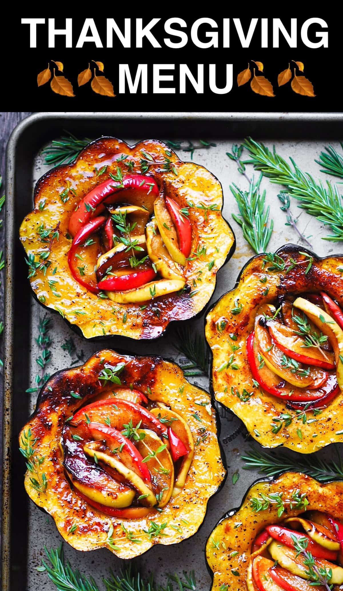 Thanksgiving Menu Roasted Acorn Squash stuffed with apples - on a baking sheet.