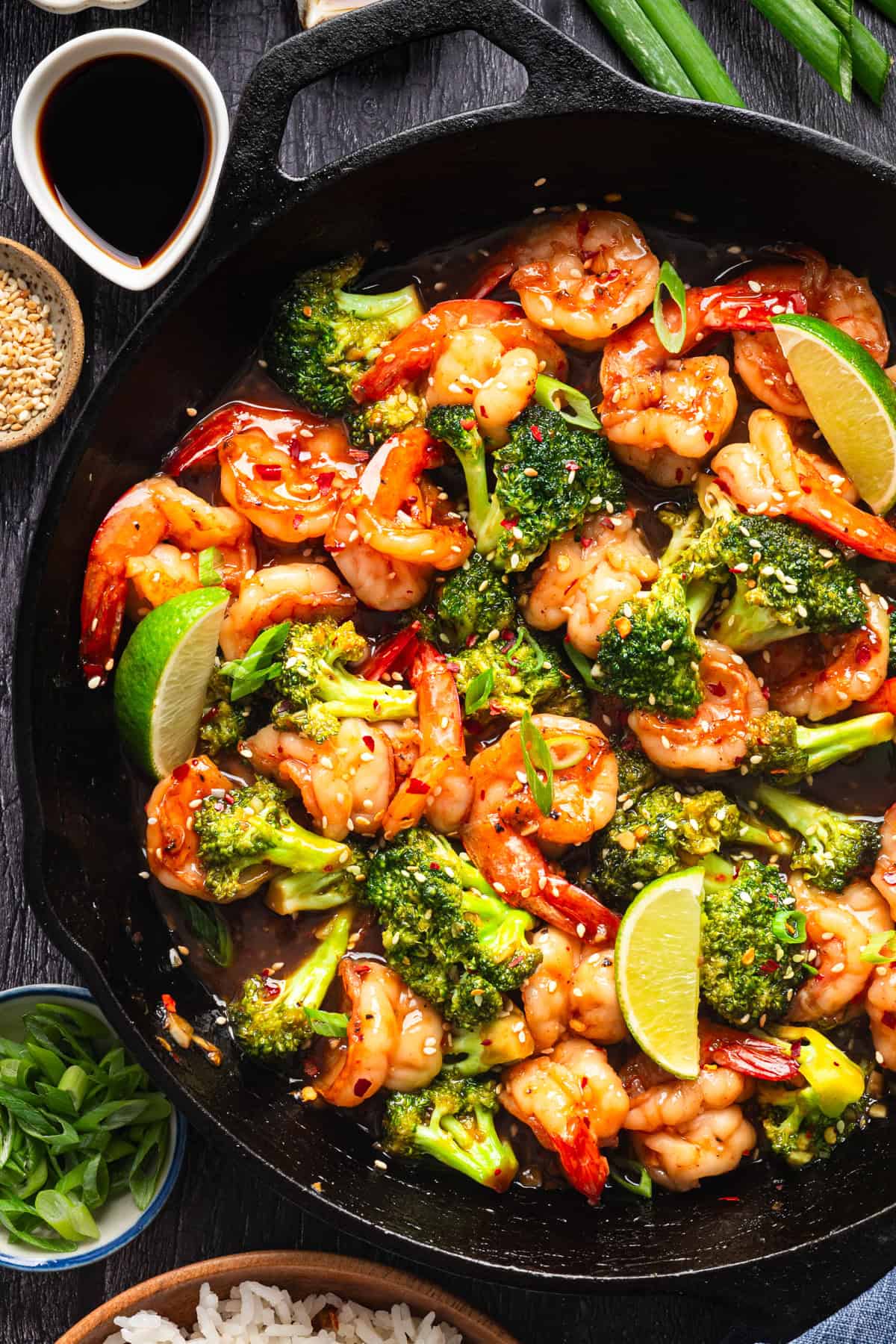 Honey Garlic Shrimp Honey Garlic Shrimp with Broccoli in a cast iron skillet.