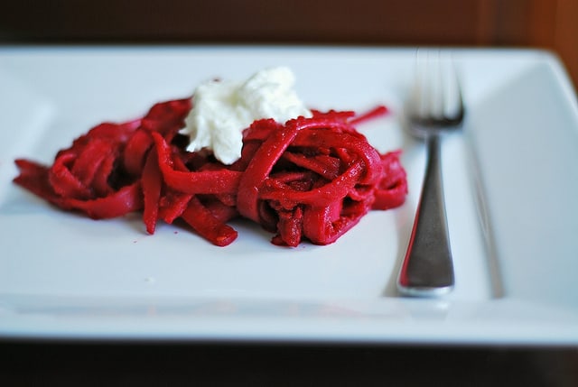 Beet and goat cheese fettuccine pasta