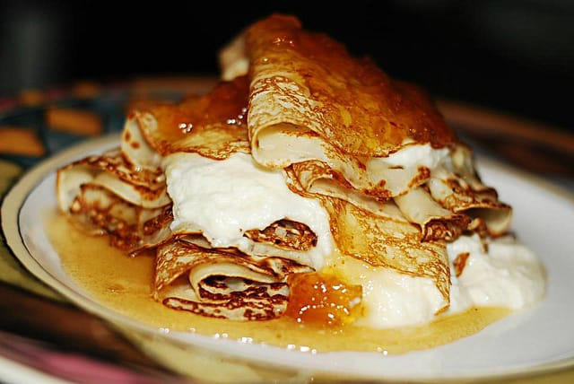 Crepes with ricotta cheese filling and pears