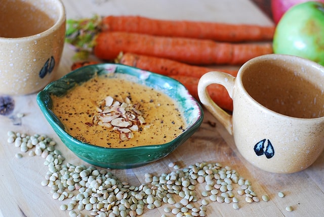 Carrot and lentil soup, with toasted almonds on top