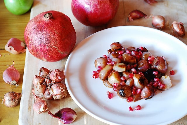 Balsamic braised caramelized shallots with pomegranate