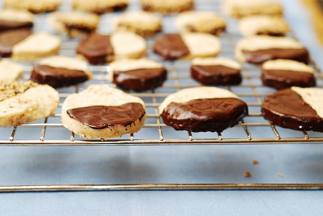 Chocolate covered hazelnut shortbread cookies