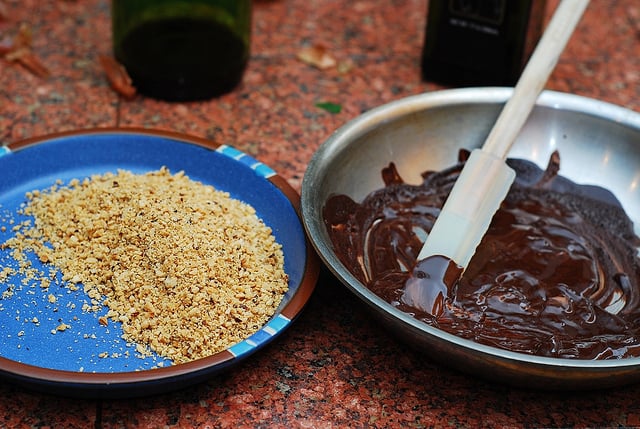 ground hazelnuts and melted chocolate