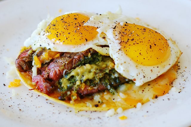 Breakfast flank steak and eggs with guacamole