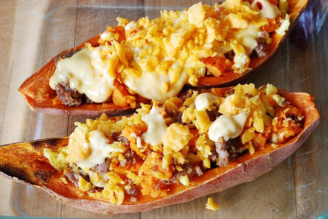 Stuffed sweet potatoes for breakfast - with sausage and eggs