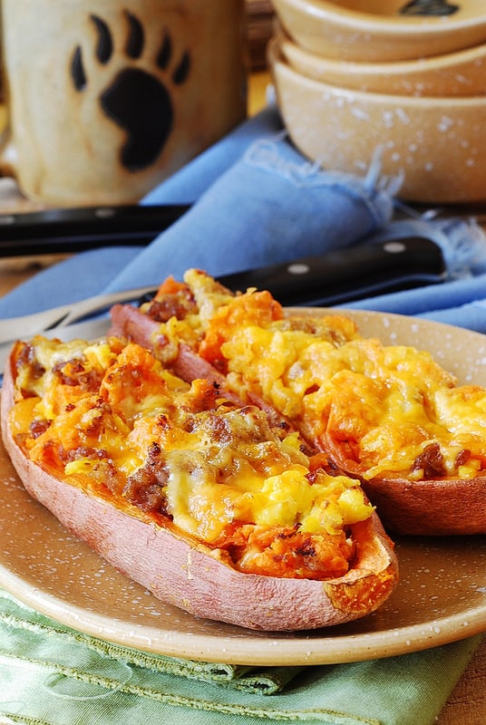 Stuffed sweet potatoes for breakfast - with sausage and eggs