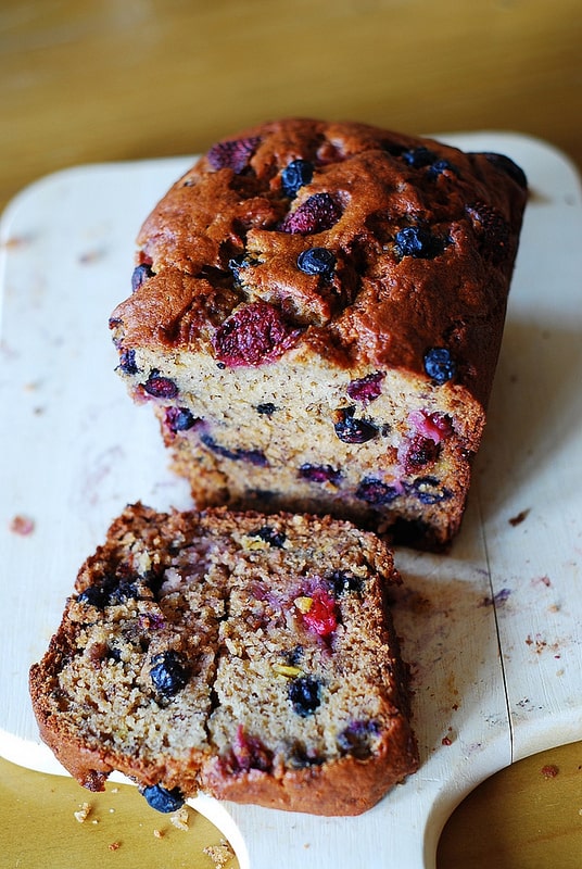 Strawberry banana bread, with blueberries