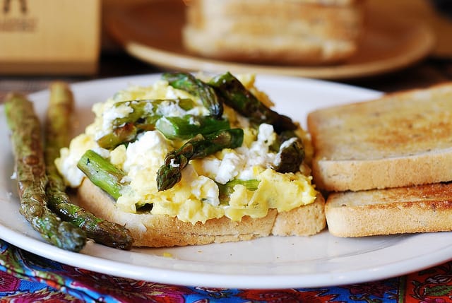 Breakfast sandwich: scrambled eggs, asparagus, and goat cheese