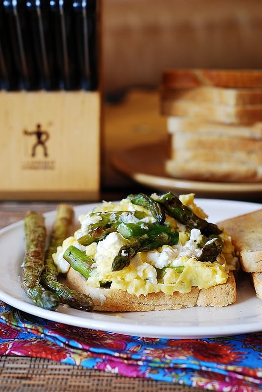 Breakfast sandwich: scrambled eggs, asparagus, and goat cheese