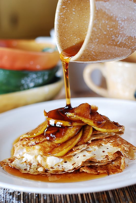 Crepes with ricotta cheese filling, apples, and honey, pancakes, breakfast recipe