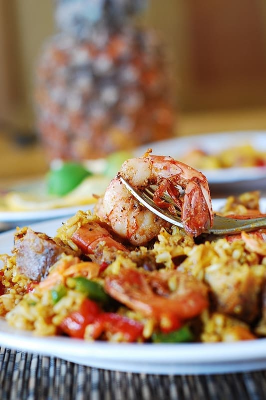 Paella with chicken, shrimp, and sausage