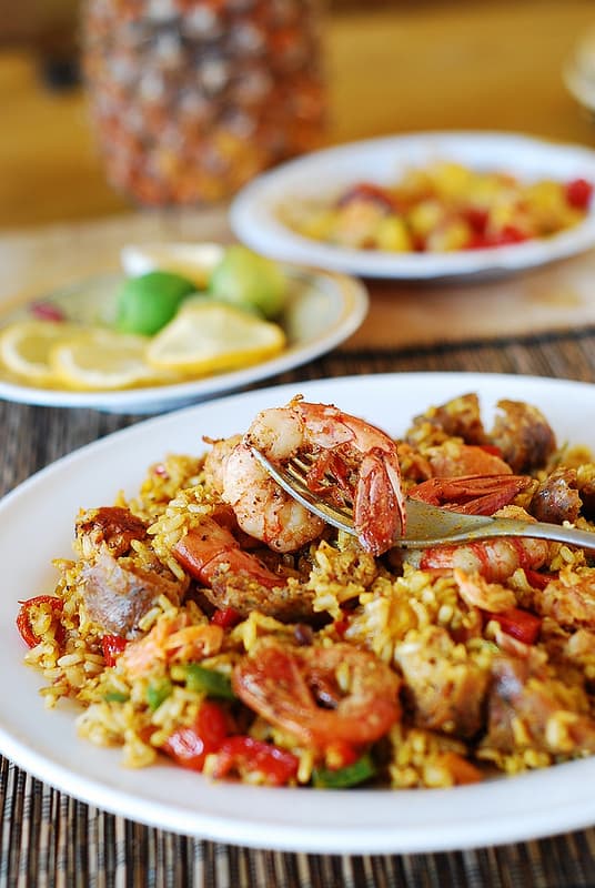 Paella with chicken, shrimp, and sausage, Spanish cuisine, Spanish recipes, jambalaya