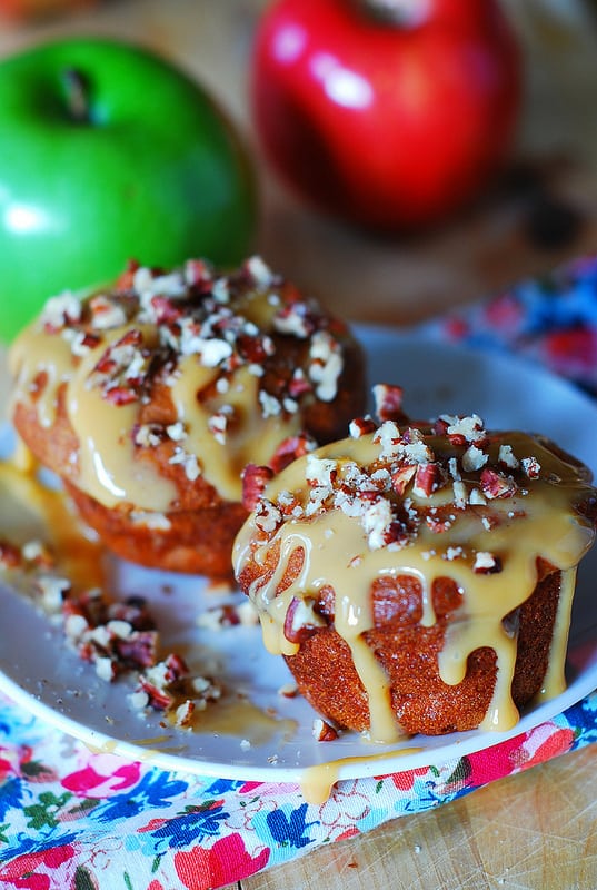 Apple banana muffins with pecans with dulce de leche drizzle