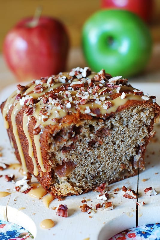 Banana apple bread with caramel sauce and pecans