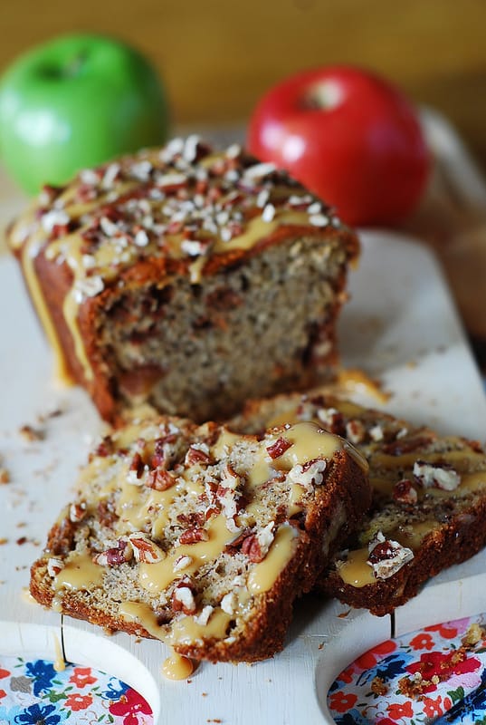 Banana apple bread with caramel sauce and pecans