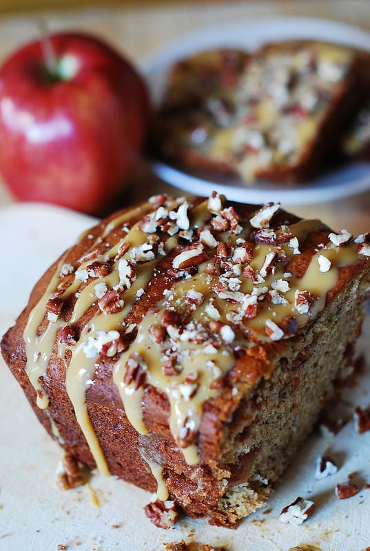 Banana apple bread with ducle de leche sauce and pecans