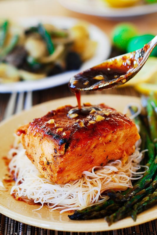 Asian glazed salmon with rice noodles and asparagus