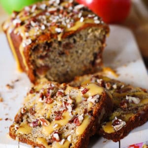 Banana Apple Bread with Caramel Sauce and Pecans