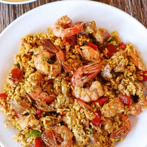 paella with shrimp, chicken, sausage, vegetables