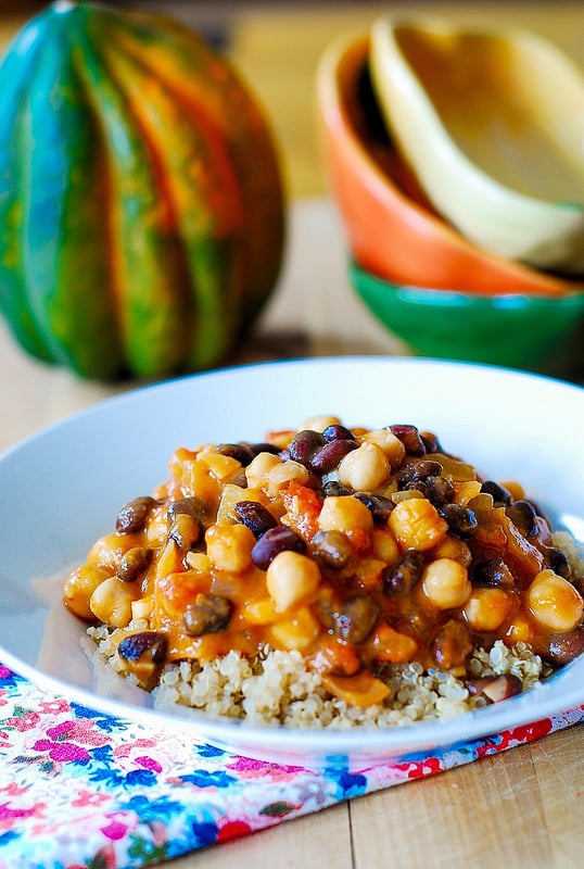 Pumpkin Curry made with chickpeas, black beans, coconut milk, garlic, olive, oil, tomatoes