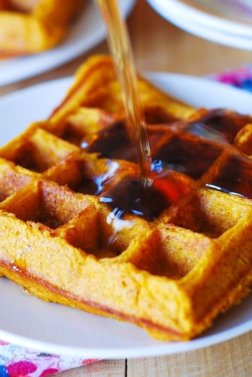 Pumpkin waffles with maple syrup