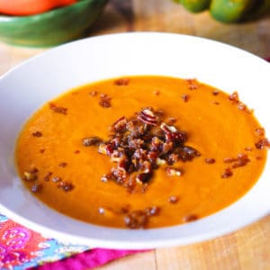 pumpkin coconut soup with caramelized pecans