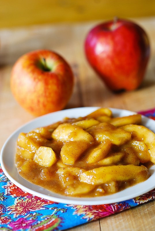 Sweet apples cooked in butter, brown sugar, cinnamon, nutmeg, and vanilla extract