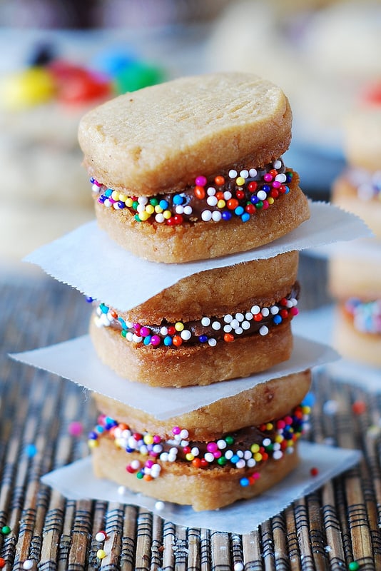 Peanut butter sandwich cookies with Nutella filling for holidays (Christmas, Thanksgiving, New Year's Eve)