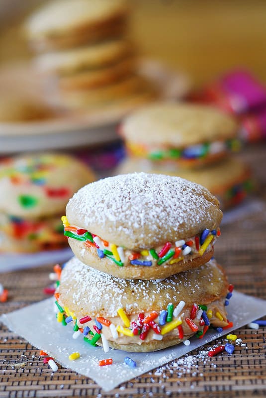 Banana whoopie pies with fluffy peanut butter frosting
