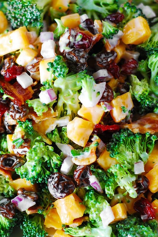 Broccoli salad with bacon, raisins, and cheddar cheese, broccoli bacon salad, recipe for broccoli salad, broccoli salad dressing, broccoli raisin salad, vegetables