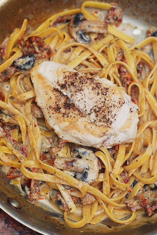 Chicken Breasts with Creamy Mushroom and Sun-Dried Tomato Pasta with Basil and Garlic