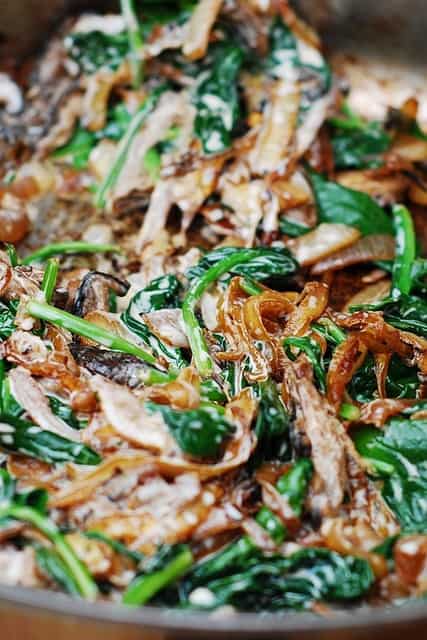 Sauteed spinach, mushrooms, and onions, side dish, vegetarian recipe, how to cook vegetables