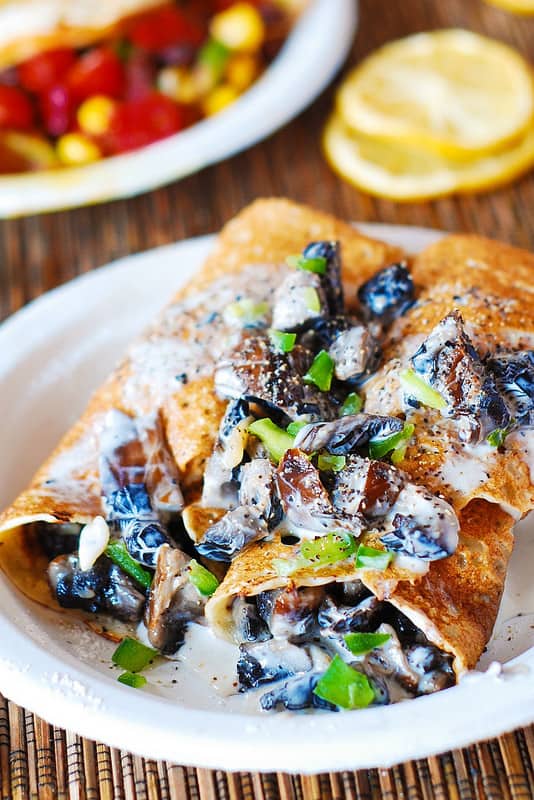 Crepes stuffed with creamy chicken and mushroom filling