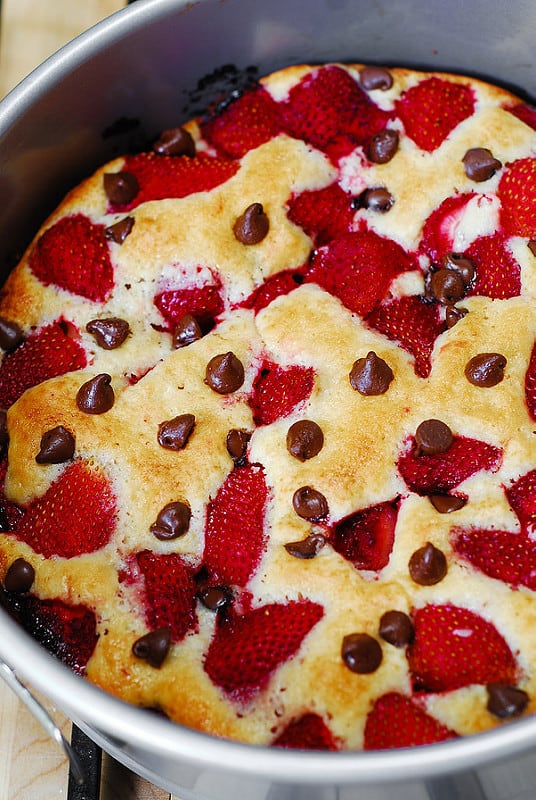 strawberry chocolate chip cake in a springform baking pan