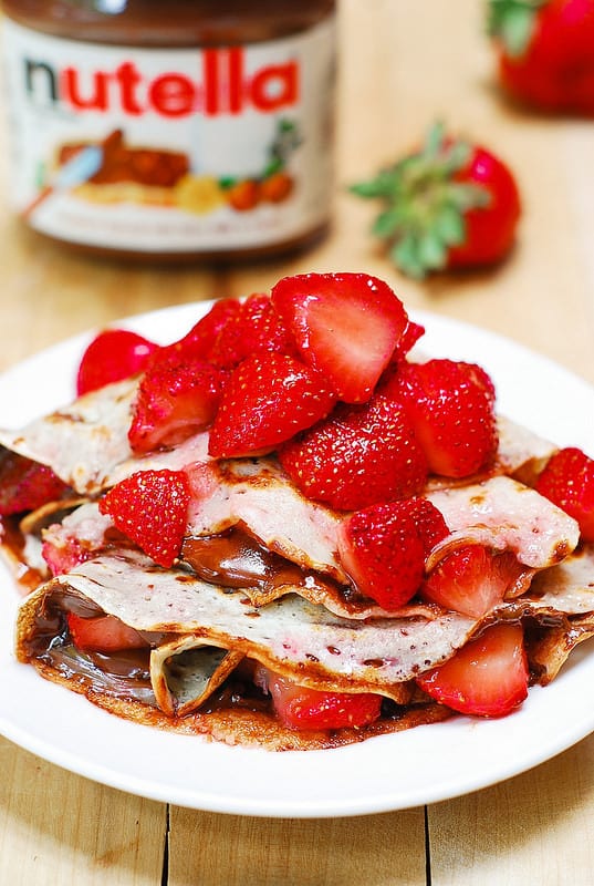 Strawberry and Nutella Crepes with sugar soaked strawberries