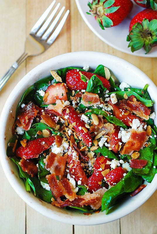 Strawberry Spinach Salad with Bacon and Toasted Almonds with Balsamic Vinaigrette