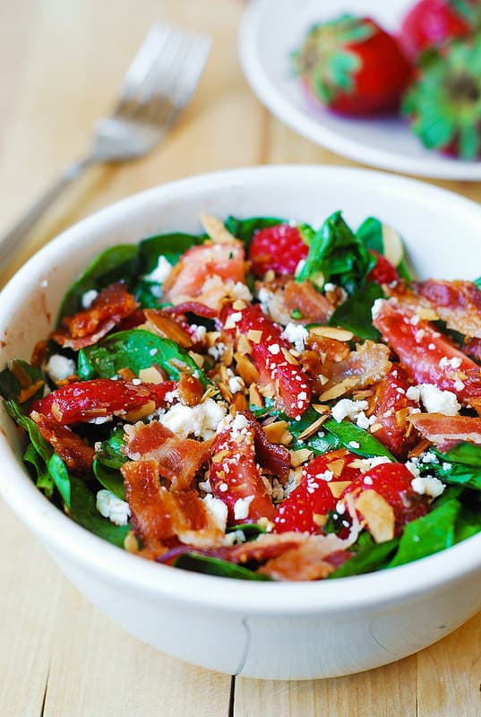 Strawberry Spinach Salad with Bacon, Feta Cheese, and Toasted Almonds with Balsamic Vinaigrette