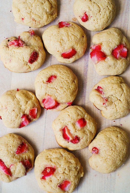 Strawberry cream cheese cookies on parchment paper