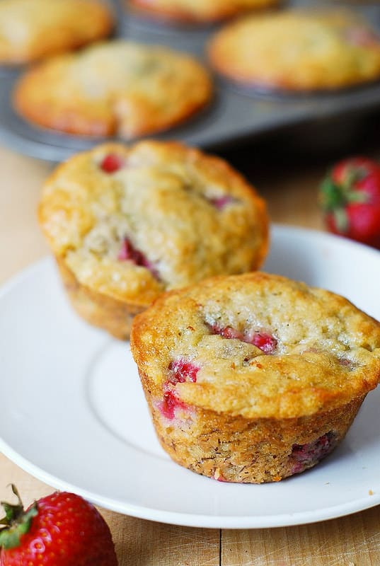 strawberry banana bread muffins on a plate
