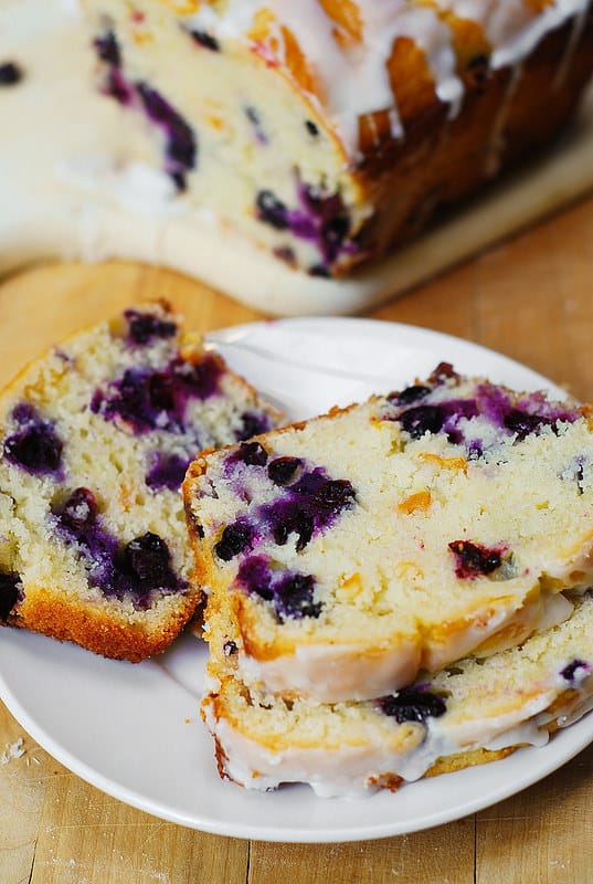 blueberry lemon vanilla bread for breakfast on white plates