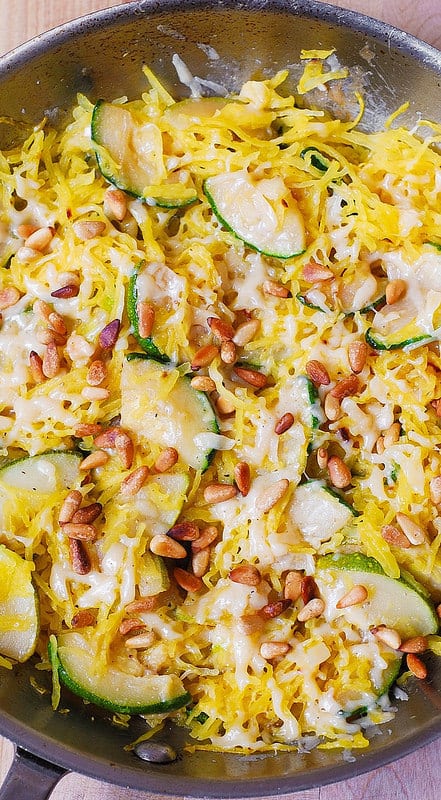 Parmesan Zucchini and Spaghetti Squash with Pine Nuts in a large skillet