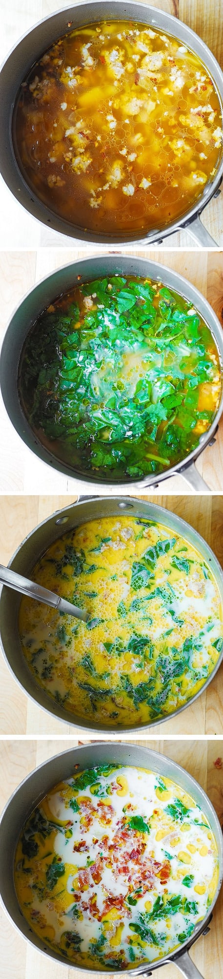 collage of step-by-step photos for major steps of cooking Zuppa Toscana Soup