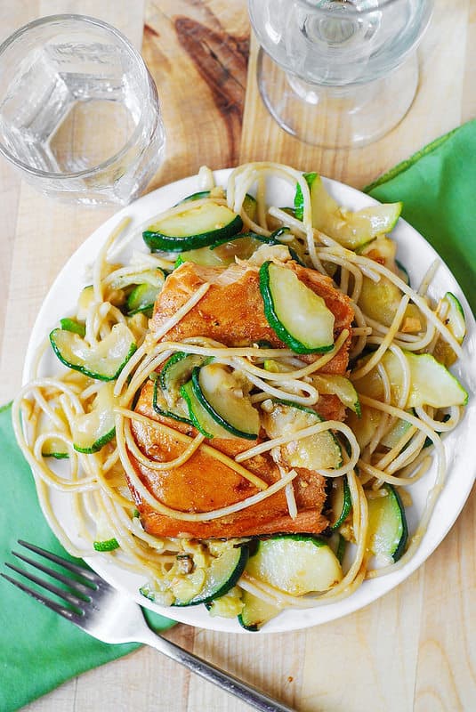 Grilled Salmon and Parmesan Zucchini Pasta