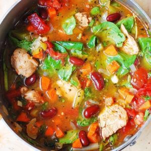 Chicken Vegetables Soup with Spinach, Beans, Carrots, Tomatoes
