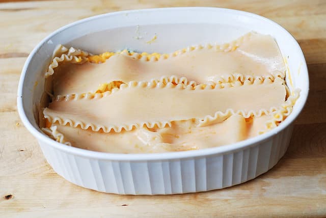 Place lasagna noodles over the butternut squash puree