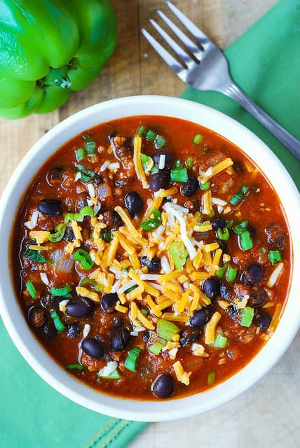Pumpkin Chili with Beef and Black Beans with shredded cheddar cheese