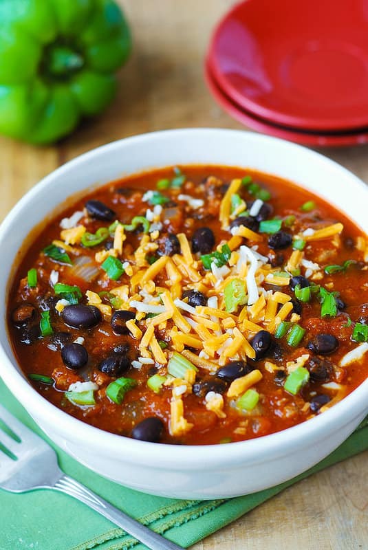Pumpkin Chili with Beef and Black Beans with shredded Cheddar and Mozzarella