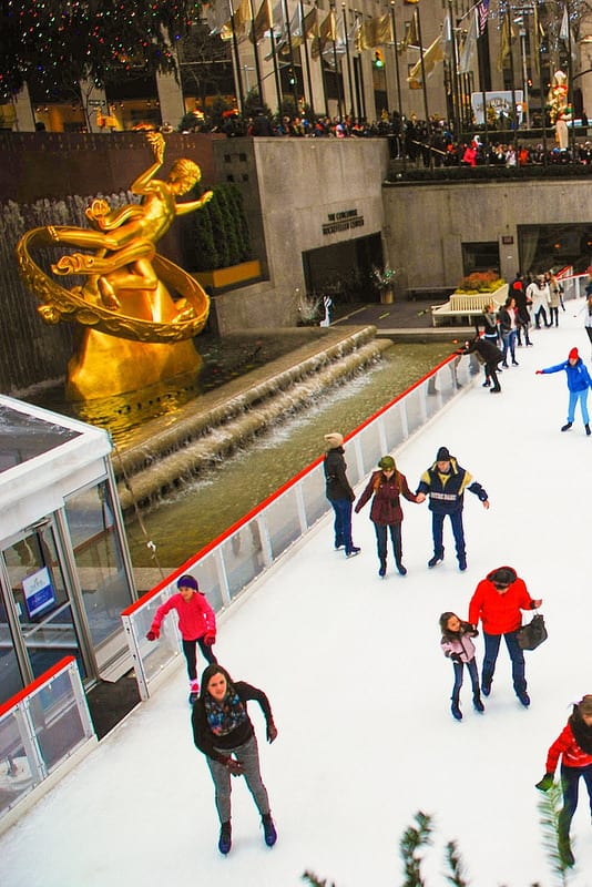 skating rink at Rockefeller Center NYC, Prometheus bronze gilded statue New York City
