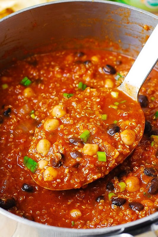 Pumpkin Quinoa Chili with Black Beans and Chickpeas (garbanzo beans) in a pan